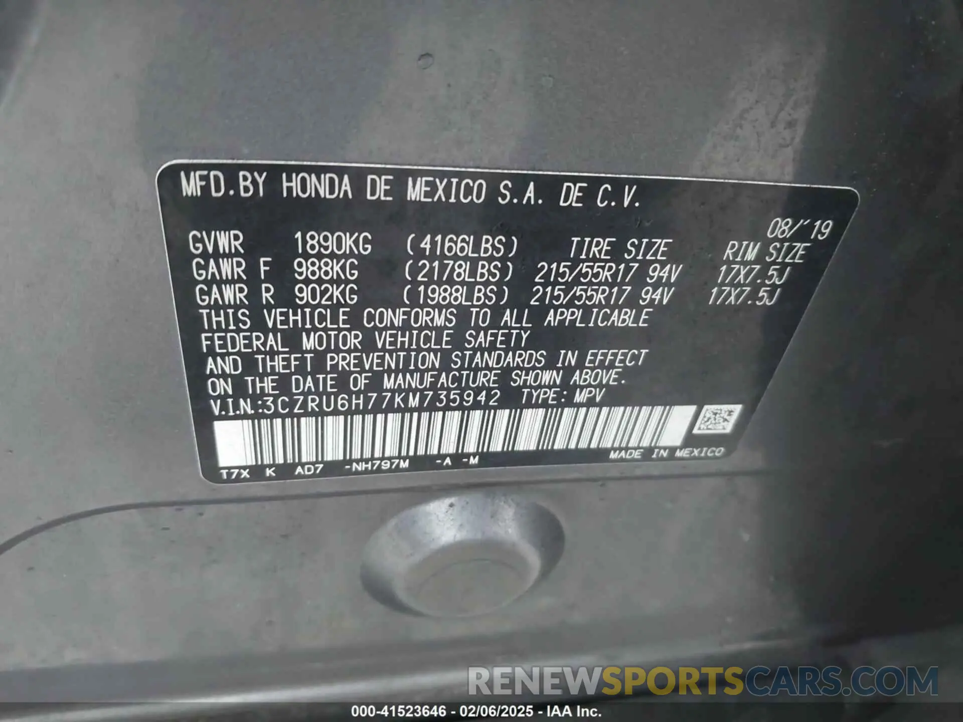 9 Photograph of a damaged car 3CZRU6H77KM735942 HONDA HR-V 2019