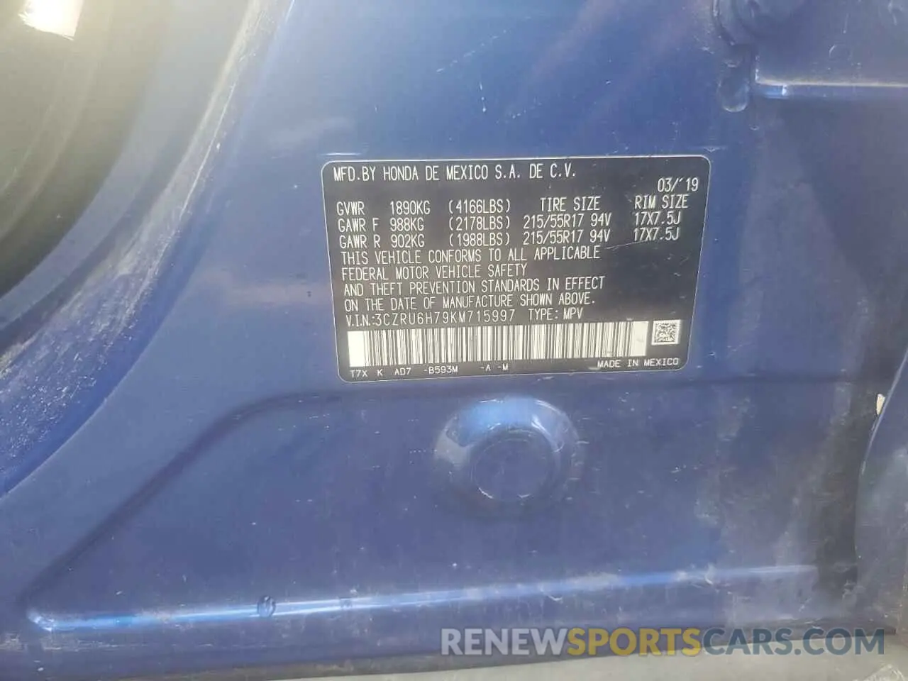 14 Photograph of a damaged car 3CZRU6H79KM715997 HONDA HR-V 2019