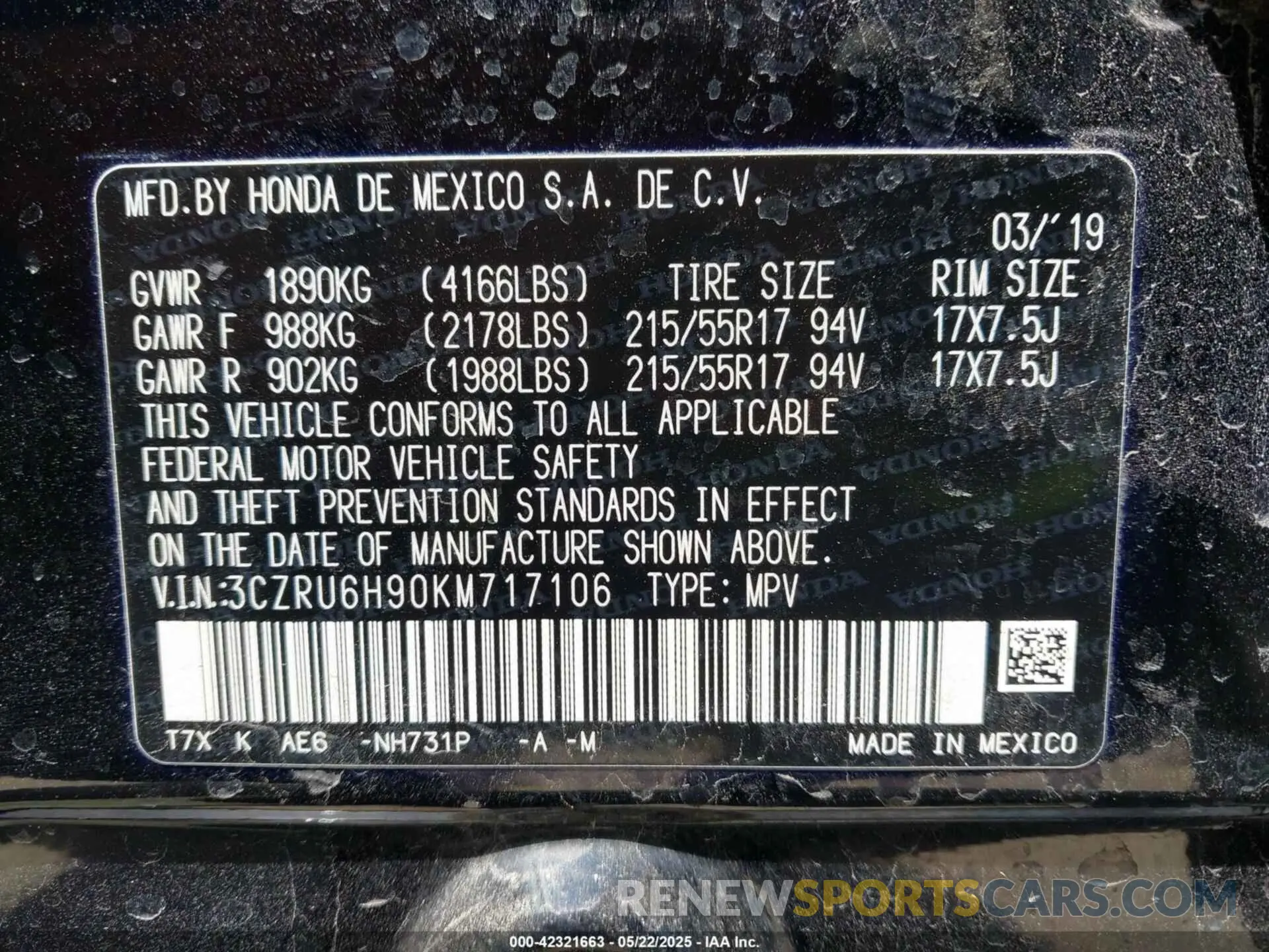 9 Photograph of a damaged car 3CZRU6H90KM717106 HONDA HR-V 2019