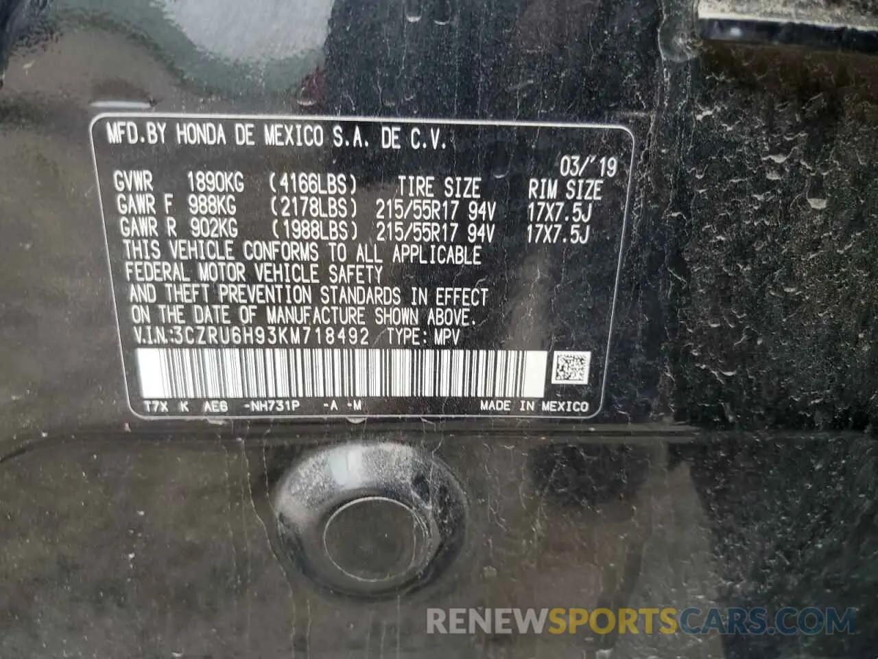 12 Photograph of a damaged car 3CZRU6H93KM718492 HONDA HR-V 2019