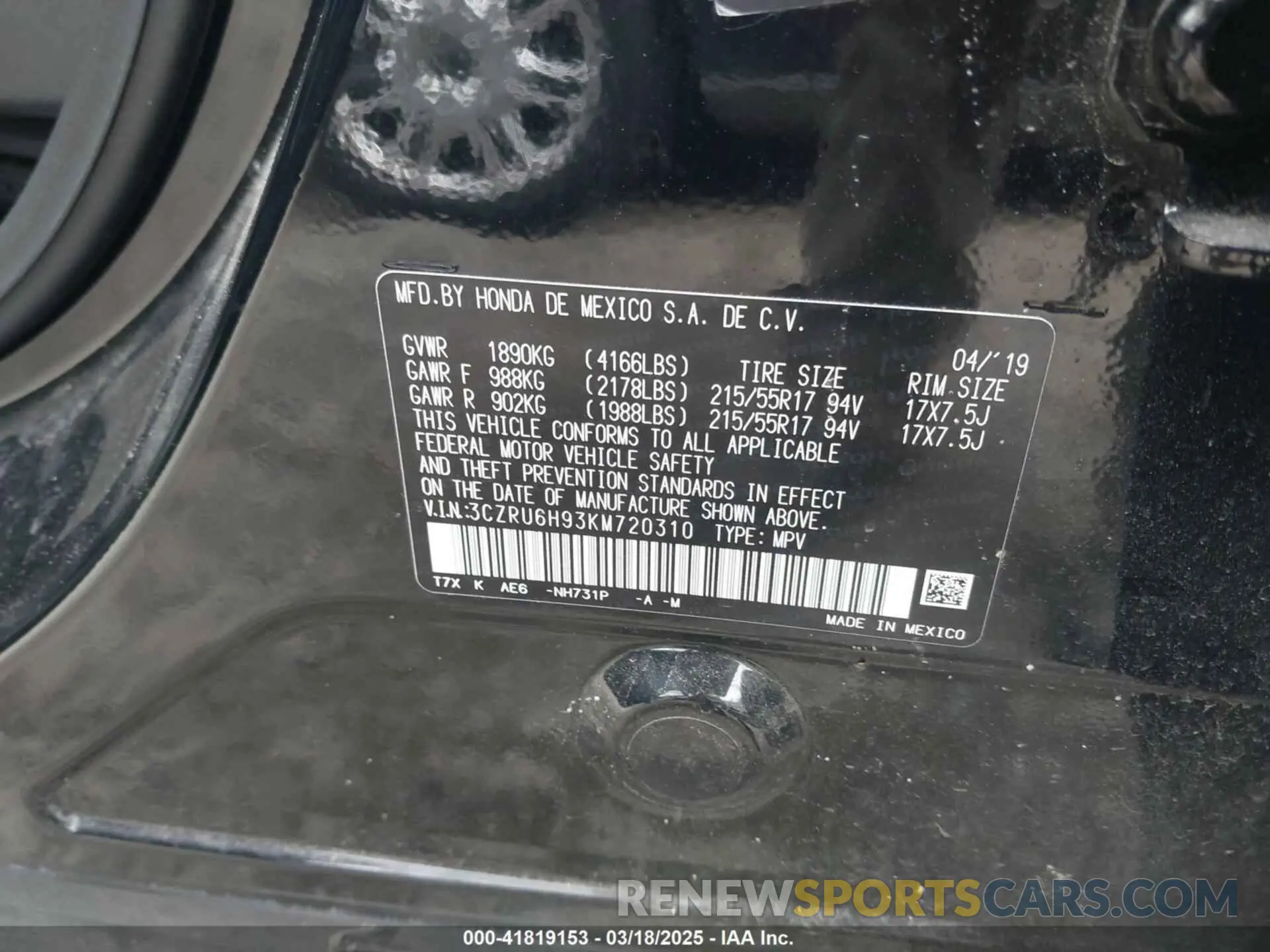 9 Photograph of a damaged car 3CZRU6H93KM720310 HONDA HR-V 2019