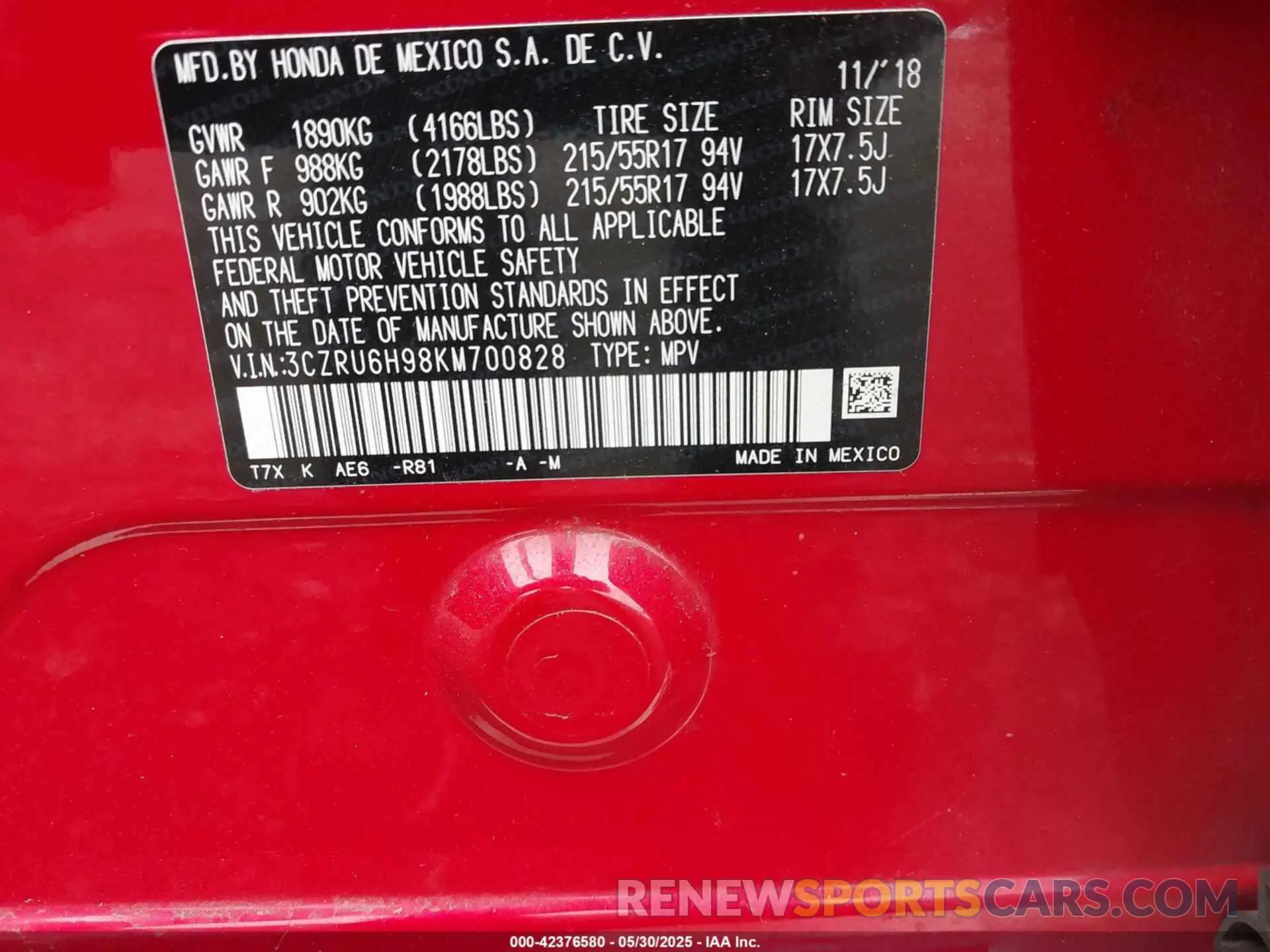 9 Photograph of a damaged car 3CZRU6H98KM700828 HONDA HR-V 2019