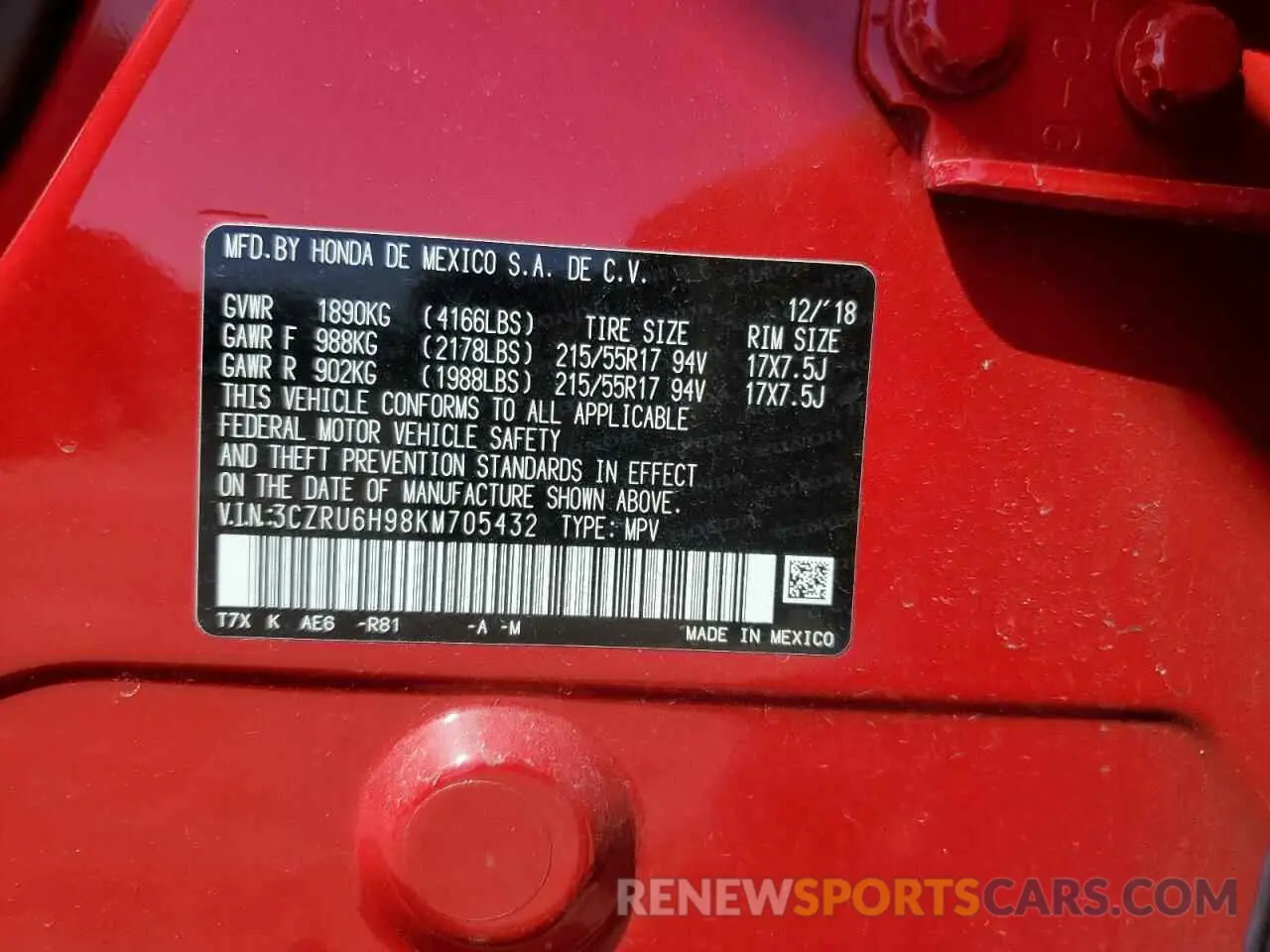13 Photograph of a damaged car 3CZRU6H98KM705432 HONDA HR-V 2019
