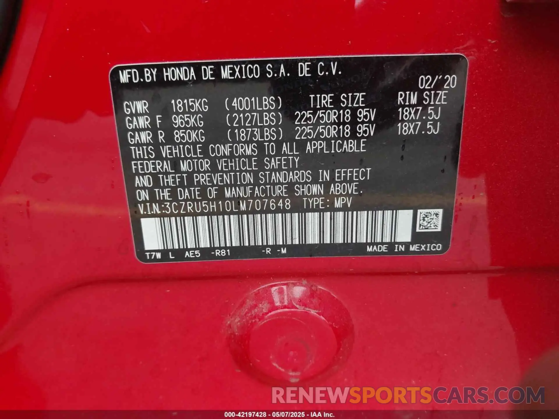 9 Photograph of a damaged car 3CZRU5H10LM707648 HONDA HR-V 2020