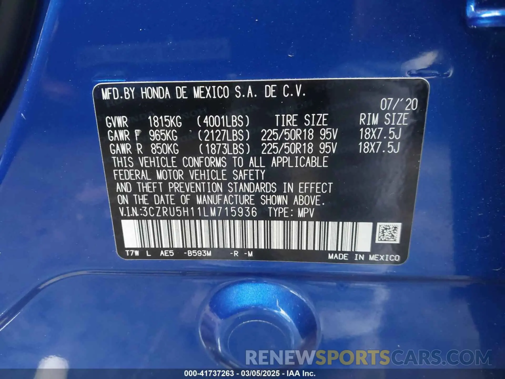 9 Photograph of a damaged car 3CZRU5H11LM715936 HONDA HR-V 2020