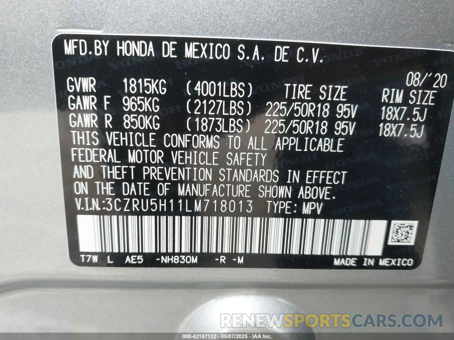 9 Photograph of a damaged car 3CZRU5H11LM718013 HONDA HR-V 2020