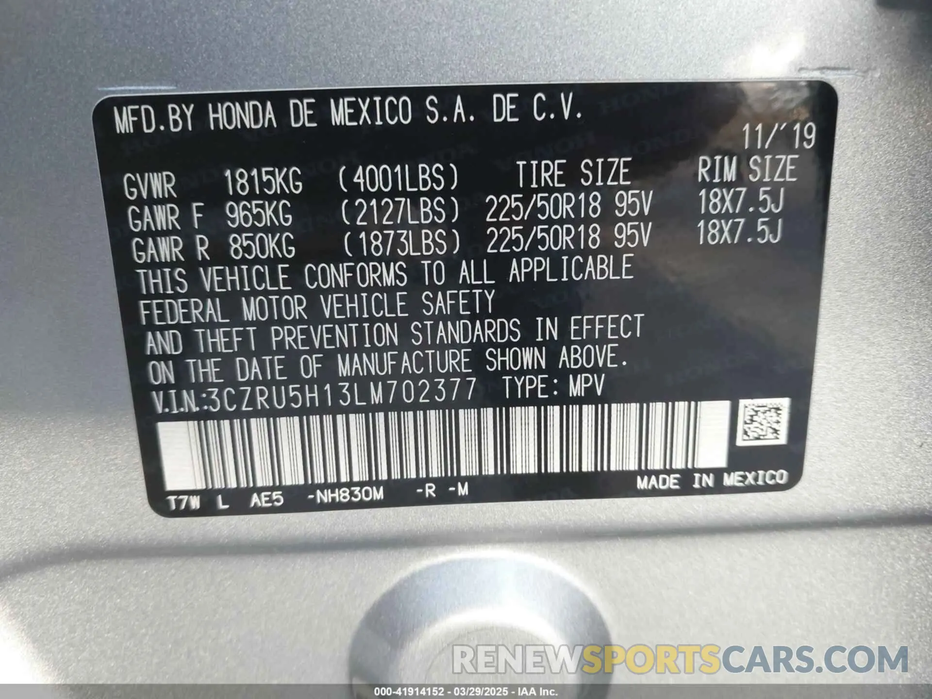 9 Photograph of a damaged car 3CZRU5H13LM702377 HONDA HR-V 2020