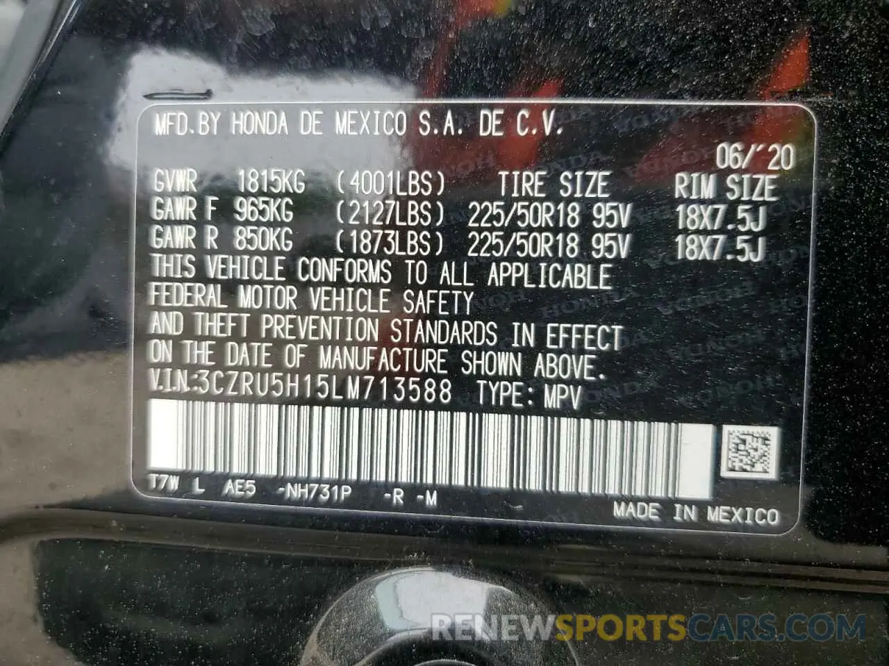 13 Photograph of a damaged car 3CZRU5H15LM713588 HONDA HR-V 2020