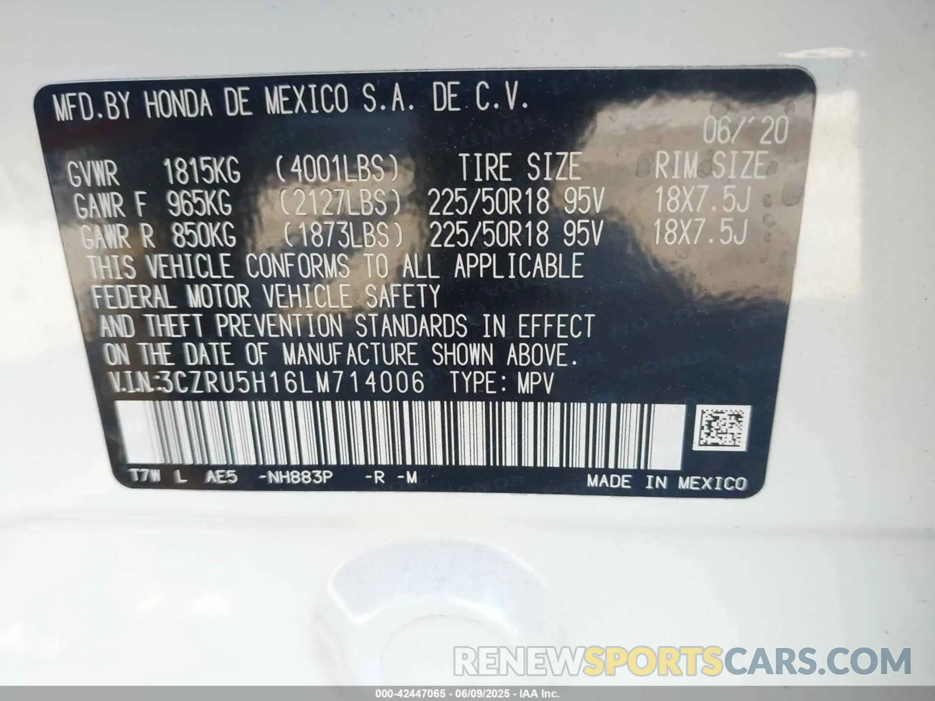 9 Photograph of a damaged car 3CZRU5H16LM714006 HONDA HR-V 2020