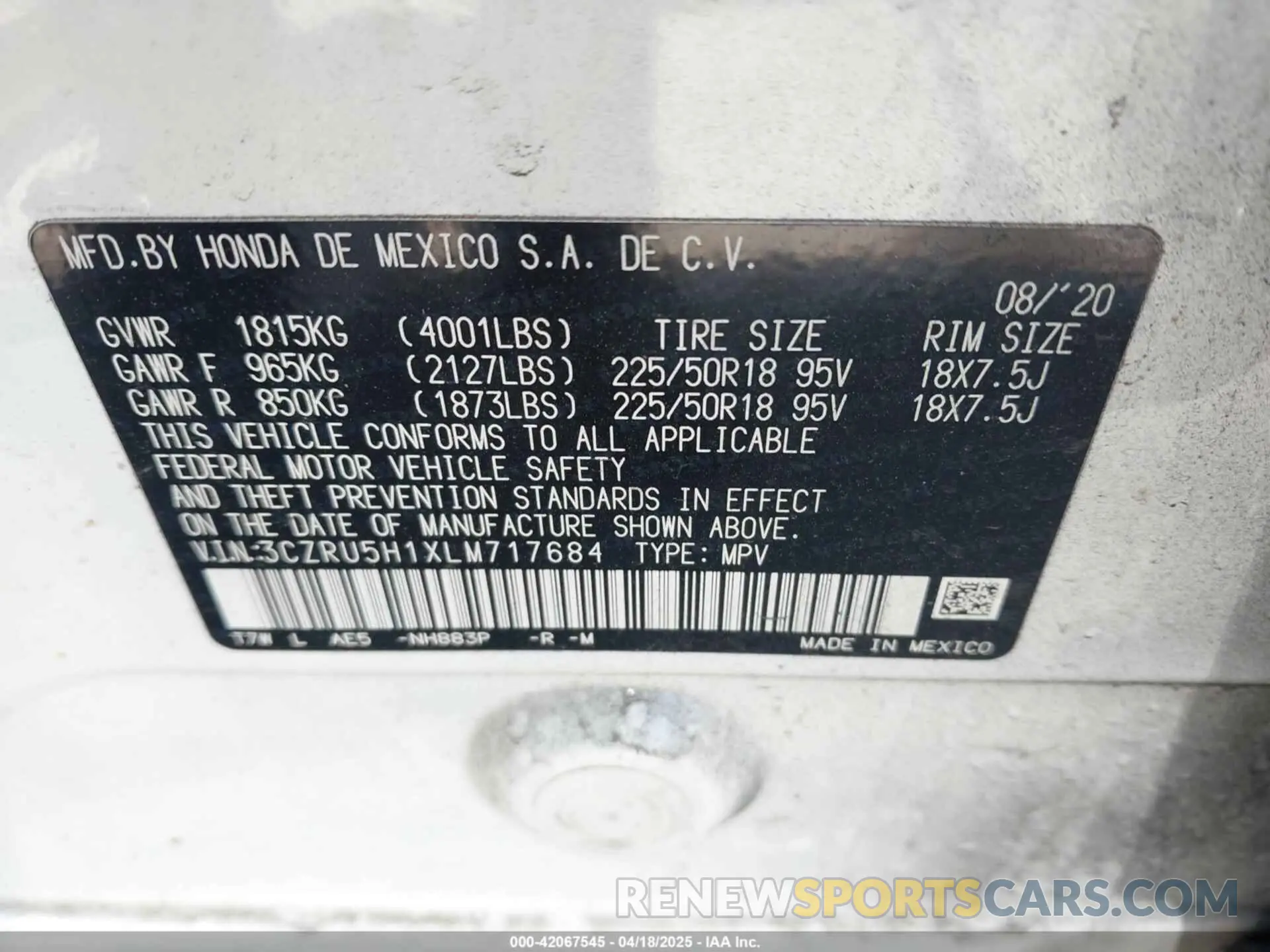 9 Photograph of a damaged car 3CZRU5H1XLM717684 HONDA HR-V 2020