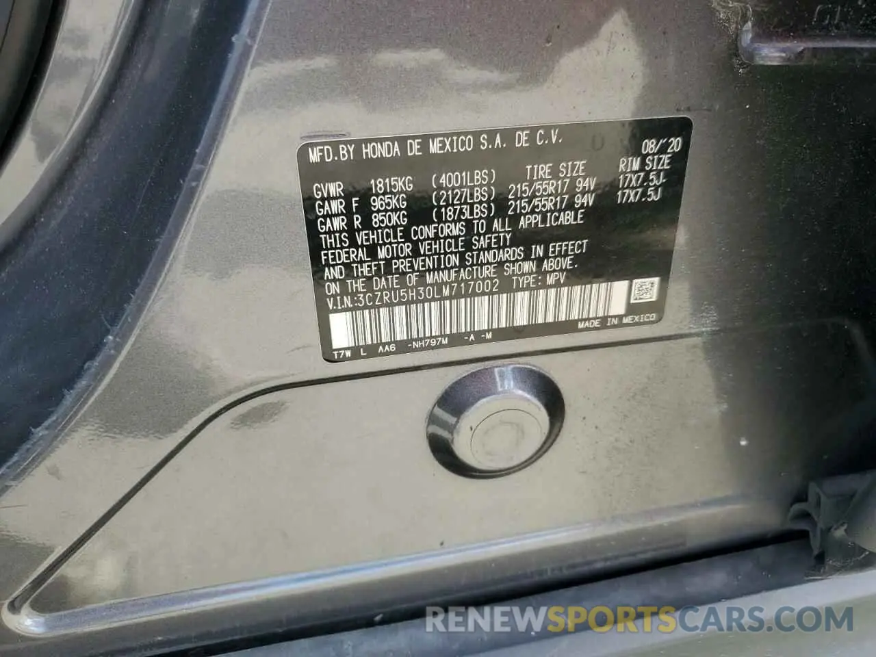 13 Photograph of a damaged car 3CZRU5H30LM717002 HONDA HR-V 2020