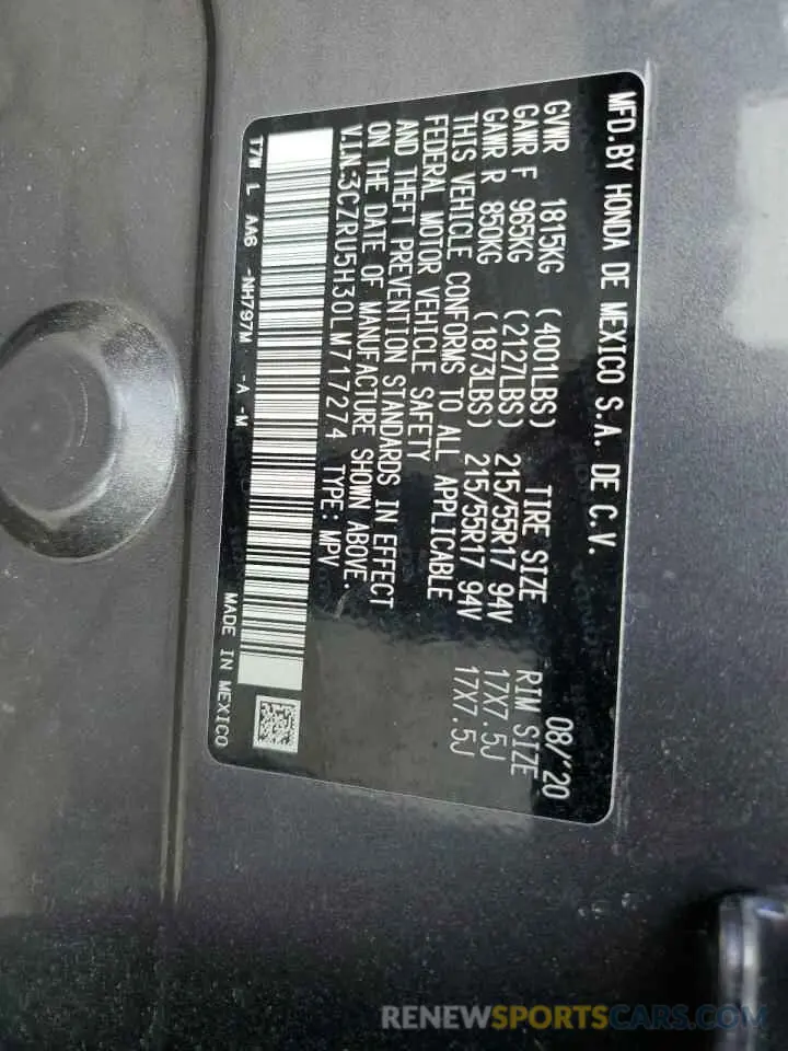 12 Photograph of a damaged car 3CZRU5H30LM717274 HONDA HR-V 2020