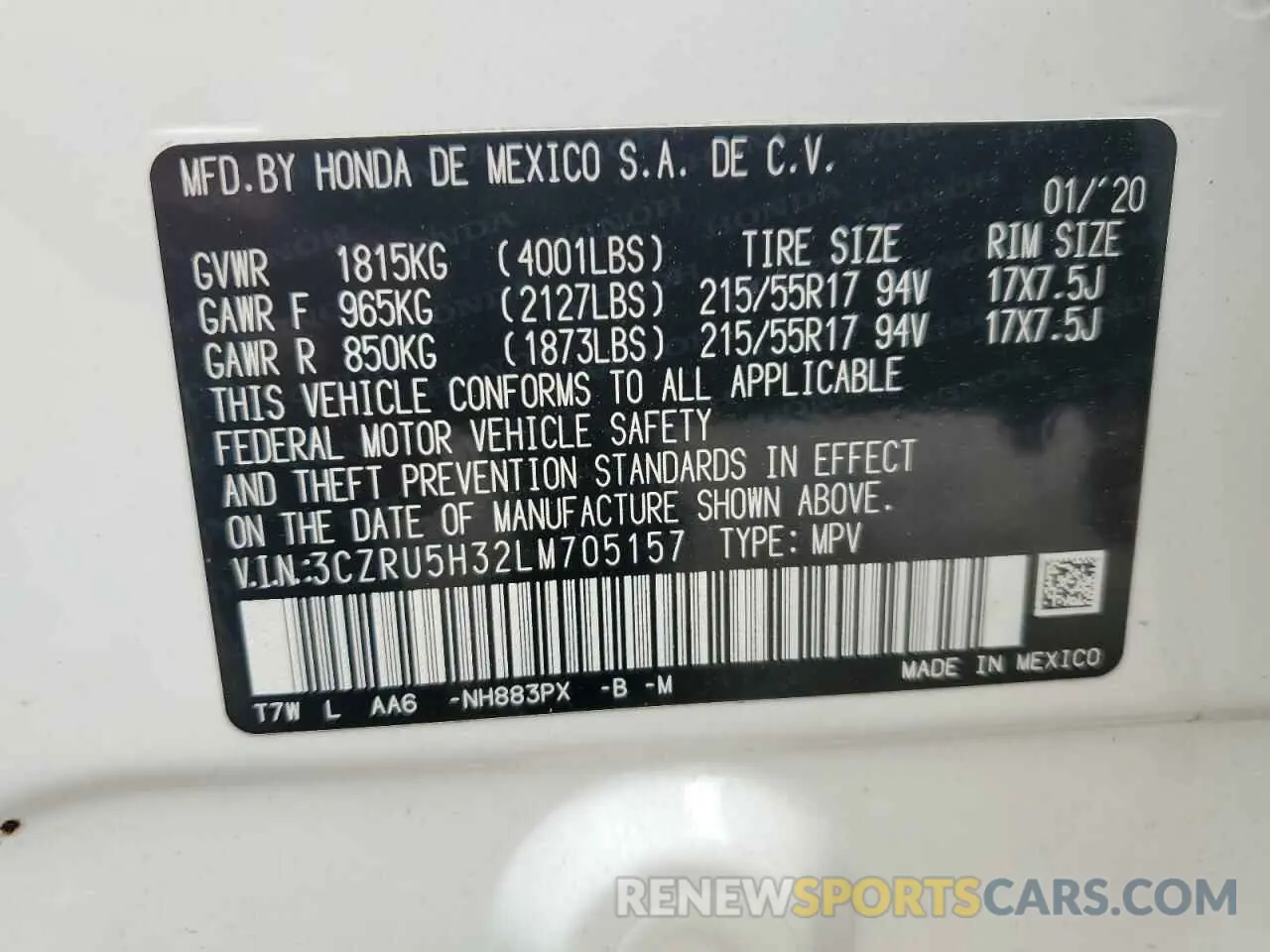 16 Photograph of a damaged car 3CZRU5H32LM705157 HONDA HR-V 2020