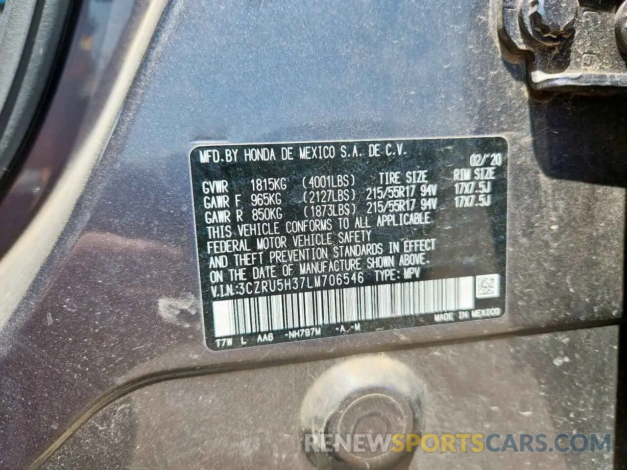 12 Photograph of a damaged car 3CZRU5H37LM706546 HONDA HR-V 2020