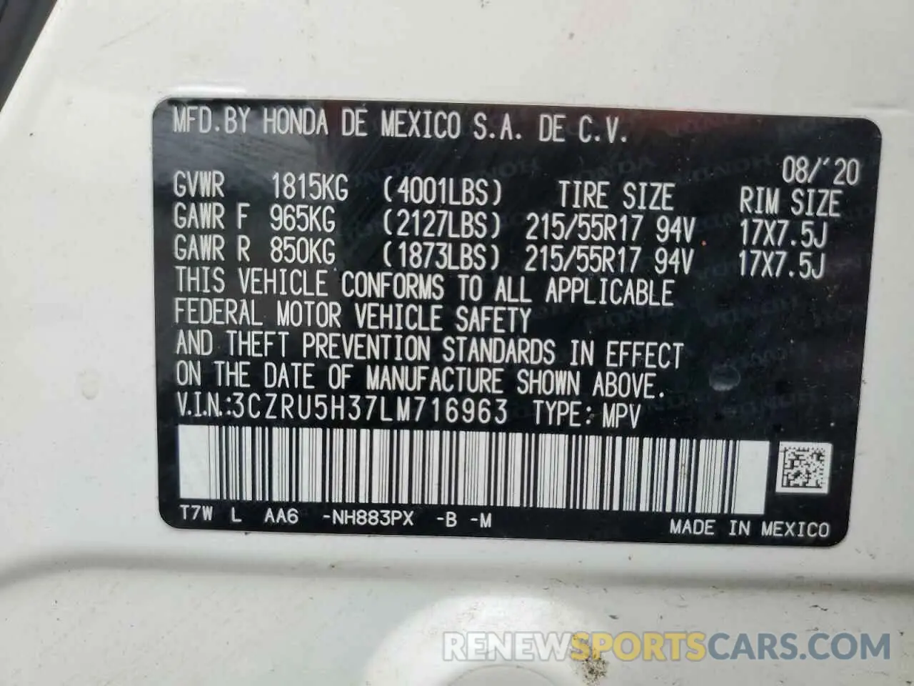 14 Photograph of a damaged car 3CZRU5H37LM716963 HONDA HR-V 2020