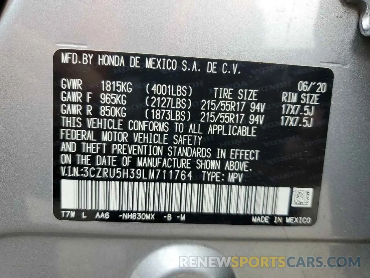 13 Photograph of a damaged car 3CZRU5H39LM711764 HONDA HR-V 2020