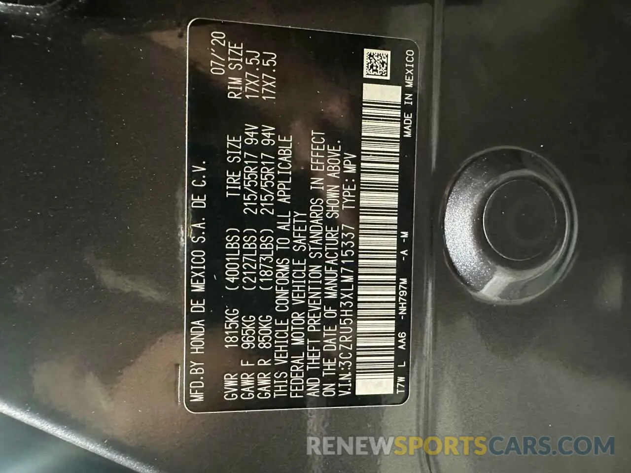 10 Photograph of a damaged car 3CZRU5H3XLM715337 HONDA HR-V 2020