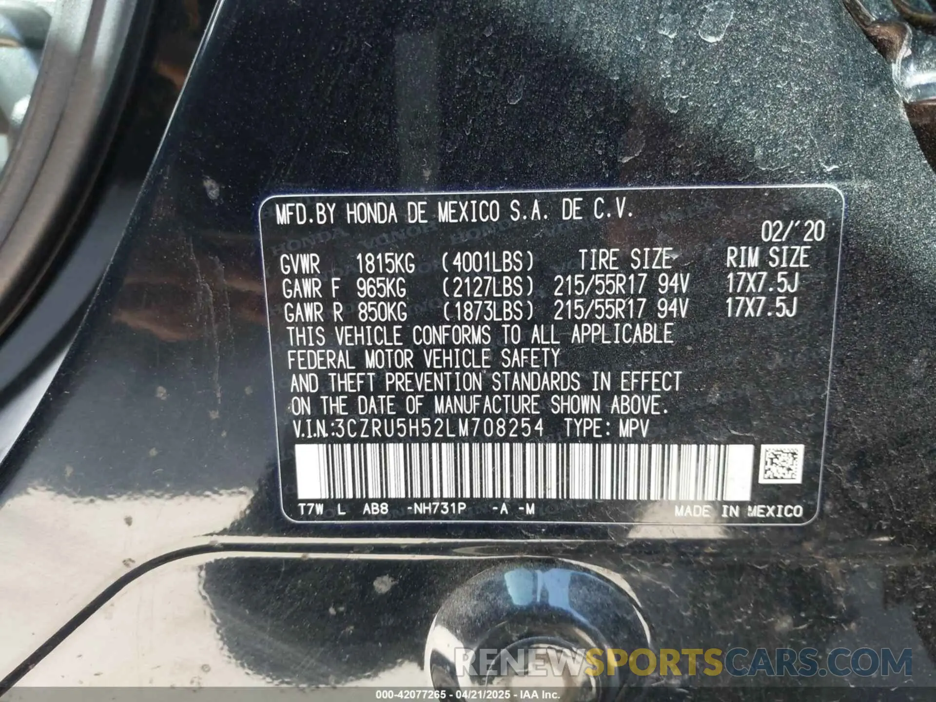 9 Photograph of a damaged car 3CZRU5H52LM708254 HONDA HR-V 2020
