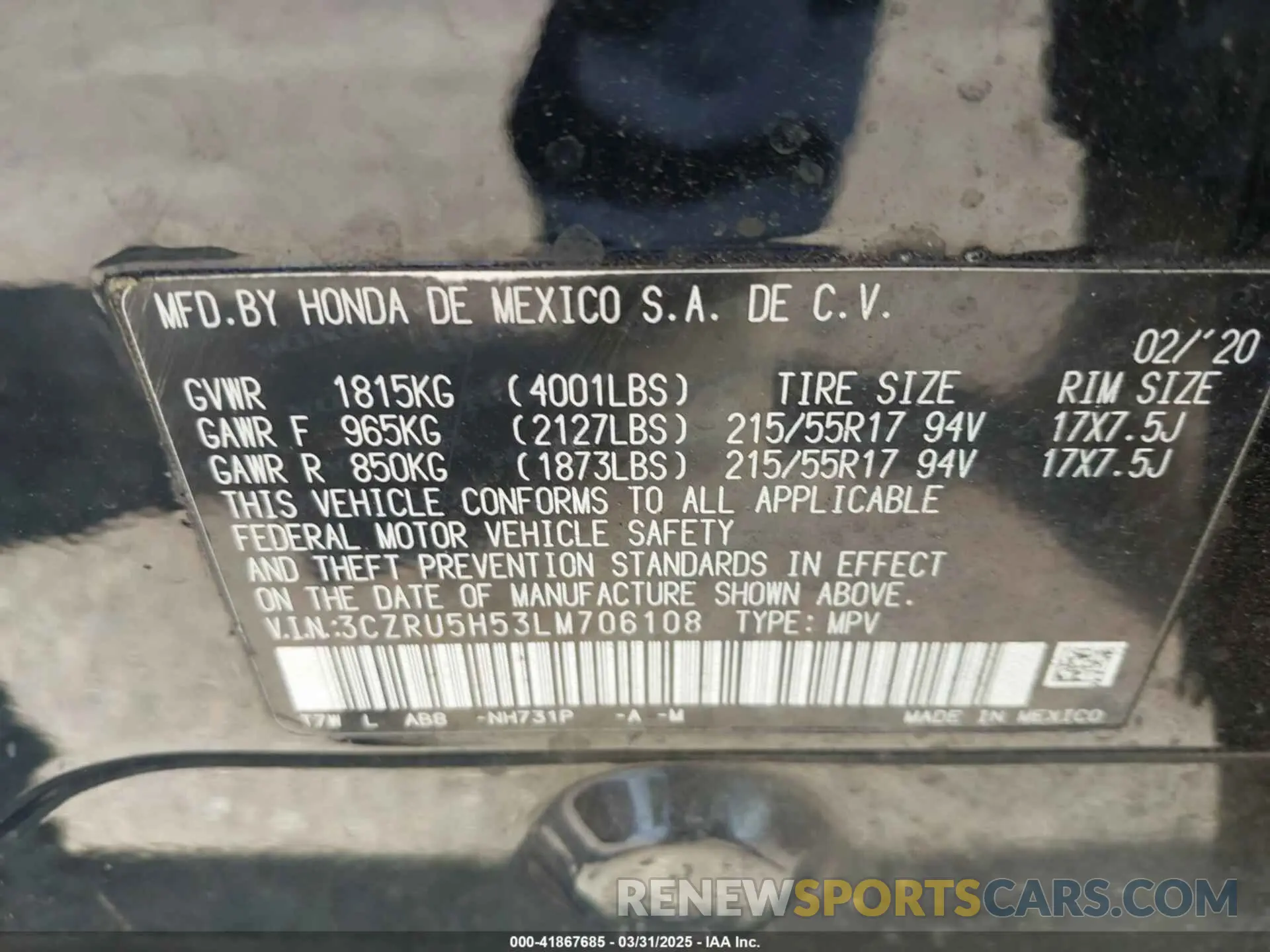 9 Photograph of a damaged car 3CZRU5H53LM706108 HONDA HR-V 2020