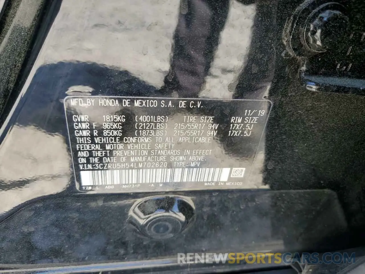12 Photograph of a damaged car 3CZRU5H54LM702620 HONDA HR-V 2020