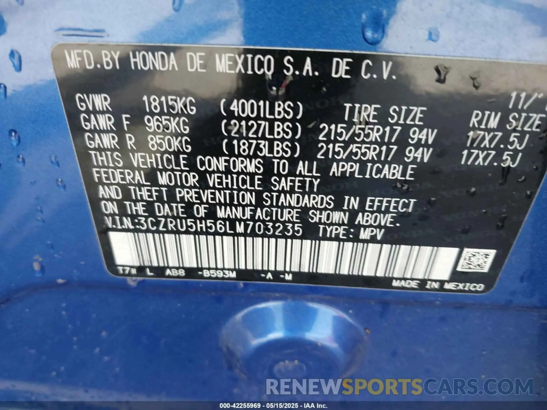 9 Photograph of a damaged car 3CZRU5H56LM703235 HONDA HR-V 2020