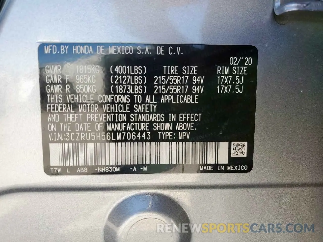 13 Photograph of a damaged car 3CZRU5H56LM706443 HONDA HR-V 2020