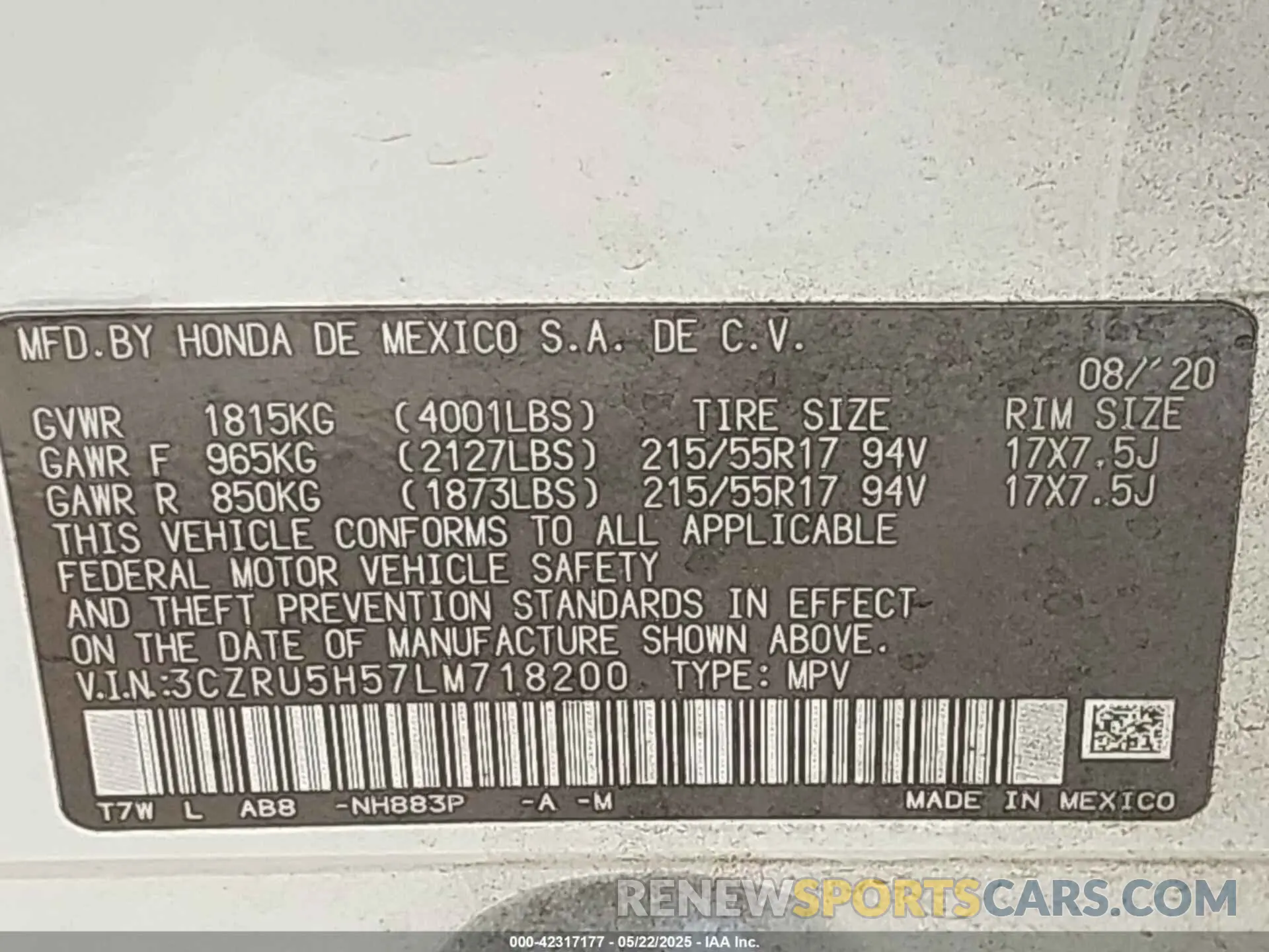 9 Photograph of a damaged car 3CZRU5H57LM718200 HONDA HR-V 2020