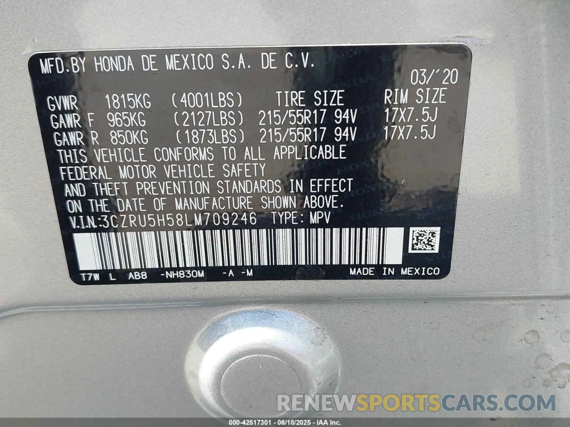 9 Photograph of a damaged car 3CZRU5H58LM709246 HONDA HR-V 2020