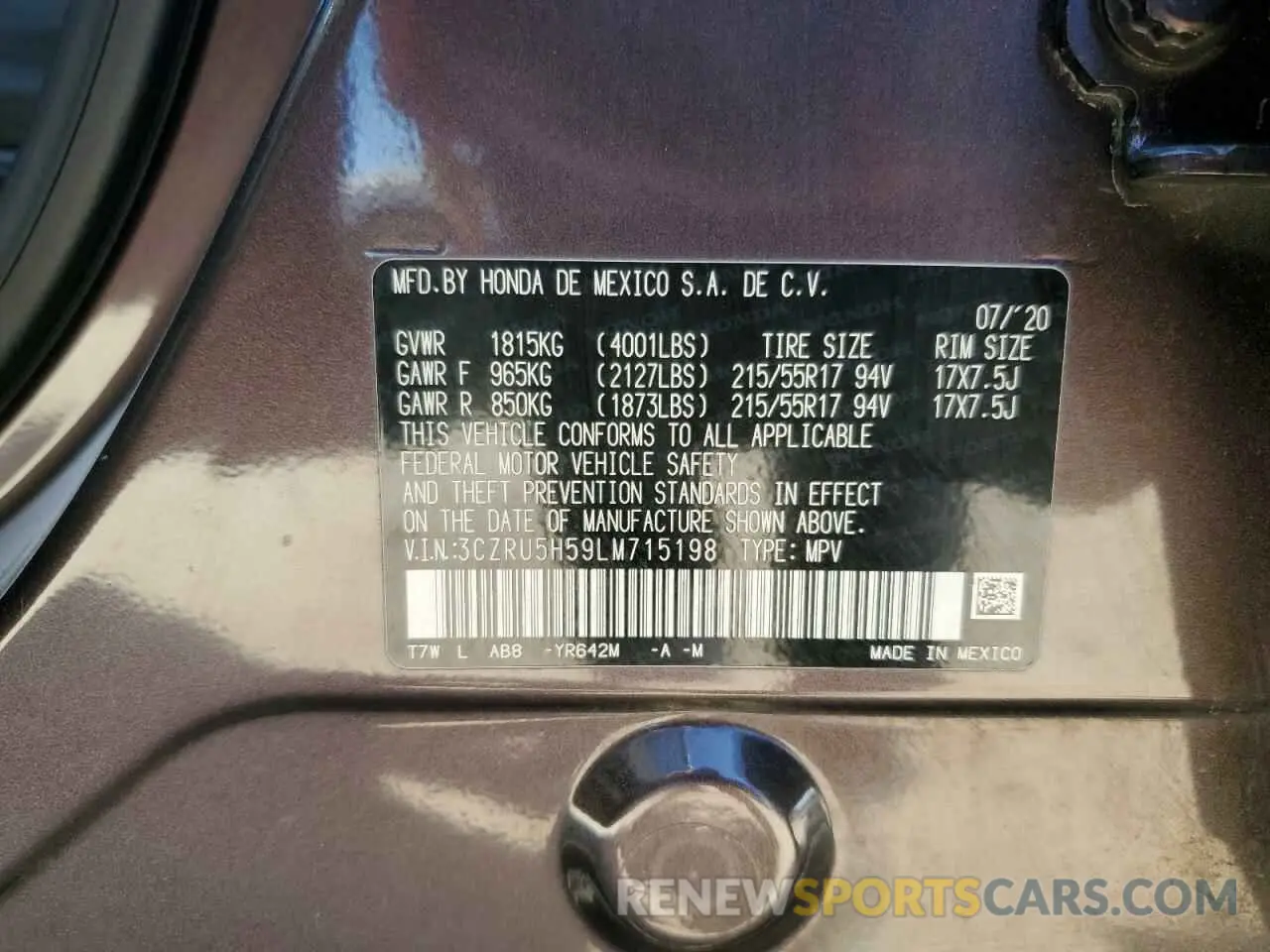 13 Photograph of a damaged car 3CZRU5H59LM715198 HONDA HR-V 2020