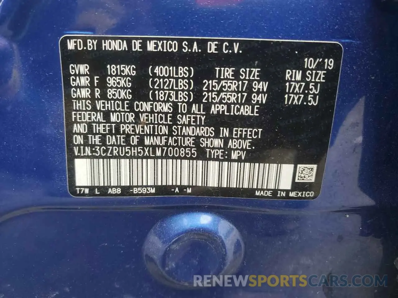 13 Photograph of a damaged car 3CZRU5H5XLM700855 HONDA HR-V 2020