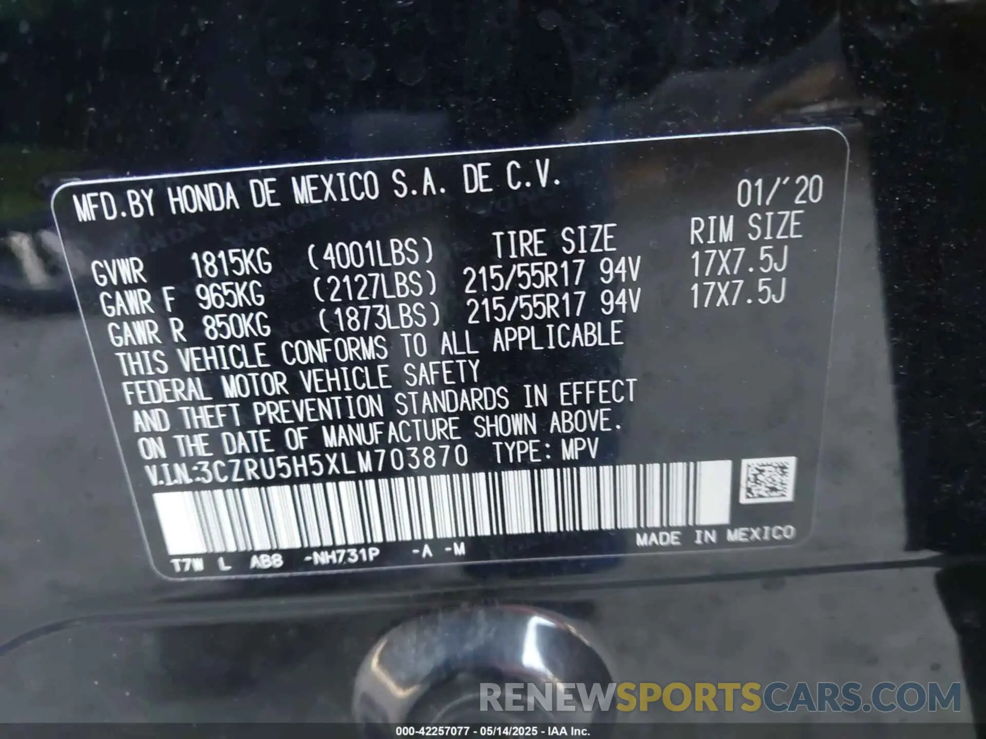 9 Photograph of a damaged car 3CZRU5H5XLM703870 HONDA HR-V 2020