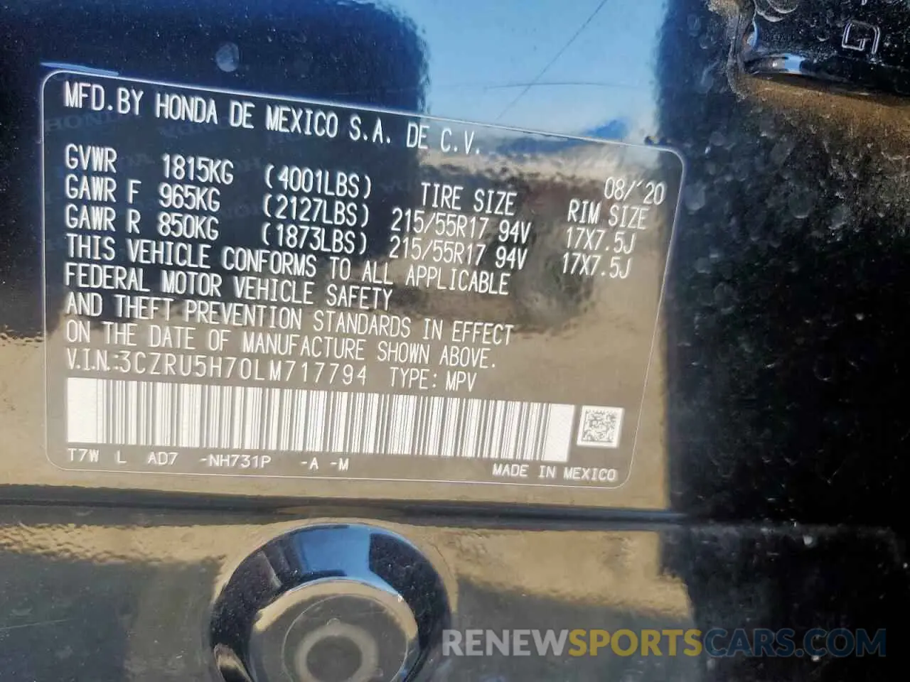 13 Photograph of a damaged car 3CZRU5H70LM717794 HONDA HR-V 2020