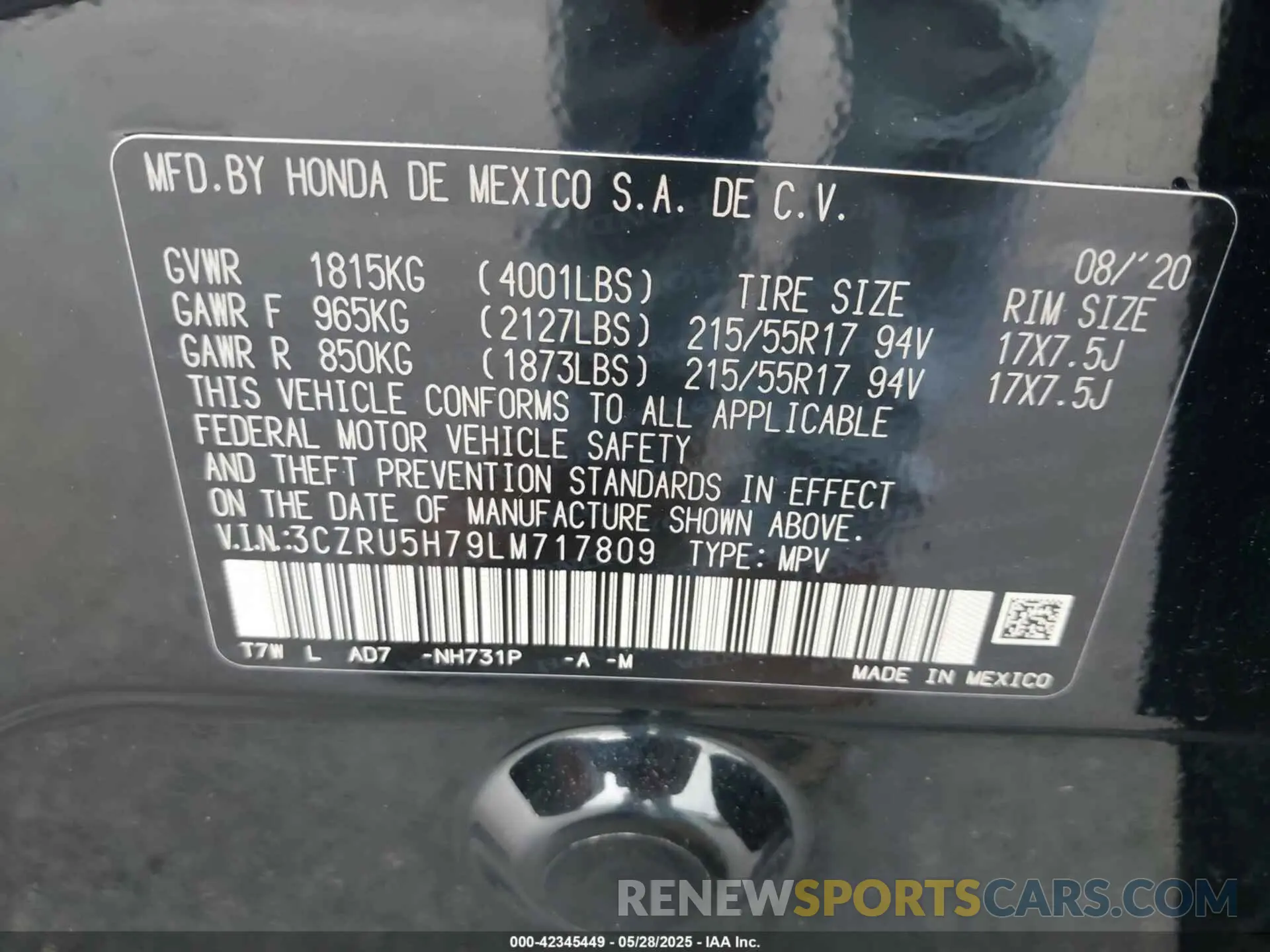 9 Photograph of a damaged car 3CZRU5H79LM717809 HONDA HR-V 2020