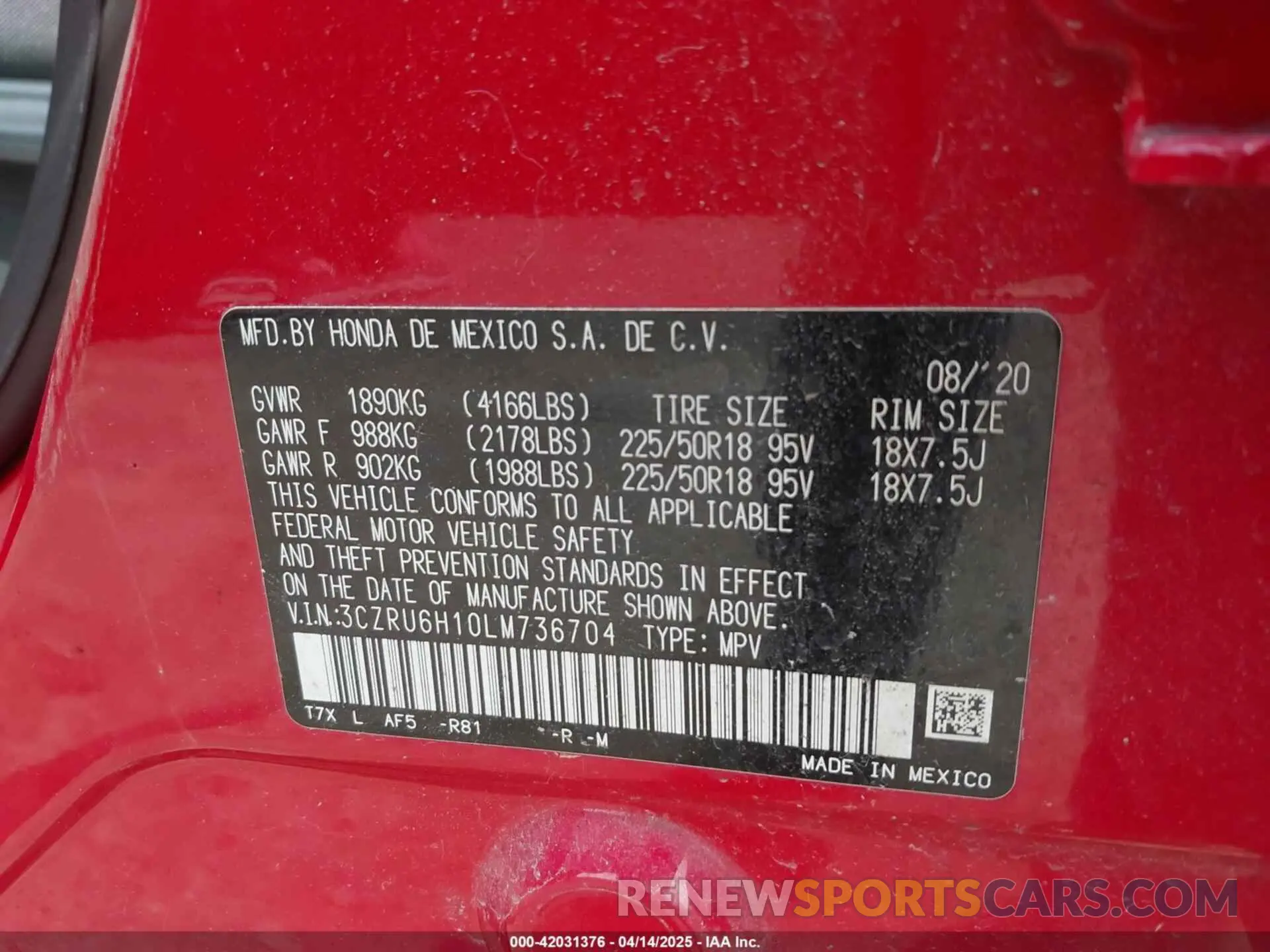 9 Photograph of a damaged car 3CZRU6H10LM736704 HONDA HR-V 2020