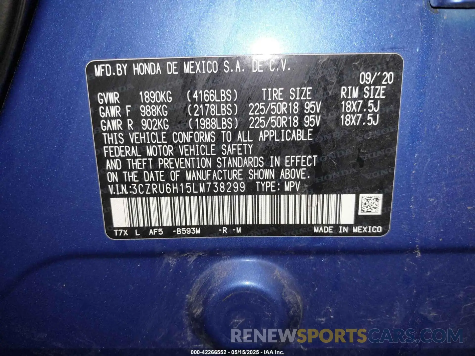 9 Photograph of a damaged car 3CZRU6H15LM738299 HONDA HR-V 2020