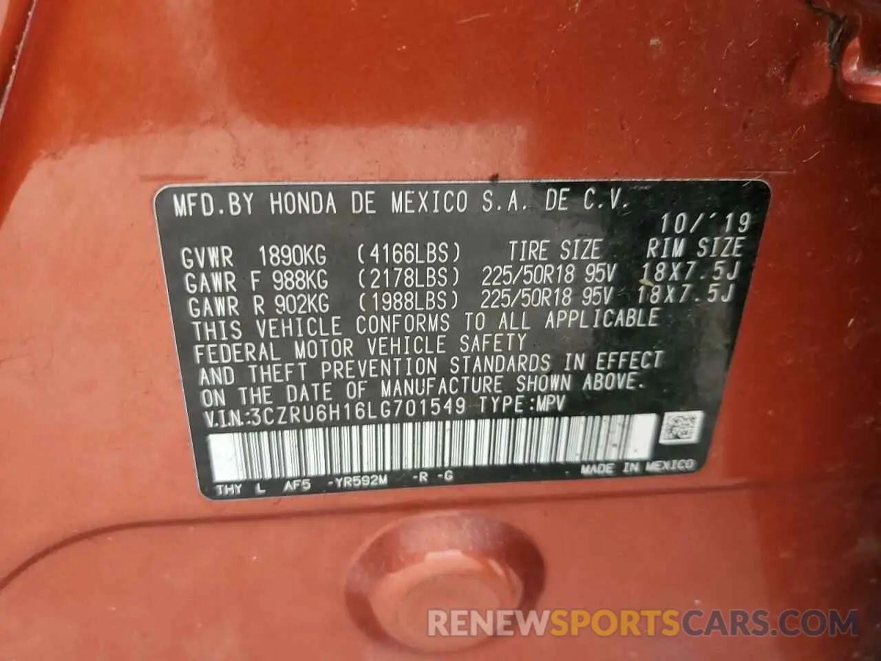 16 Photograph of a damaged car 3CZRU6H16LG701549 HONDA HR-V 2020