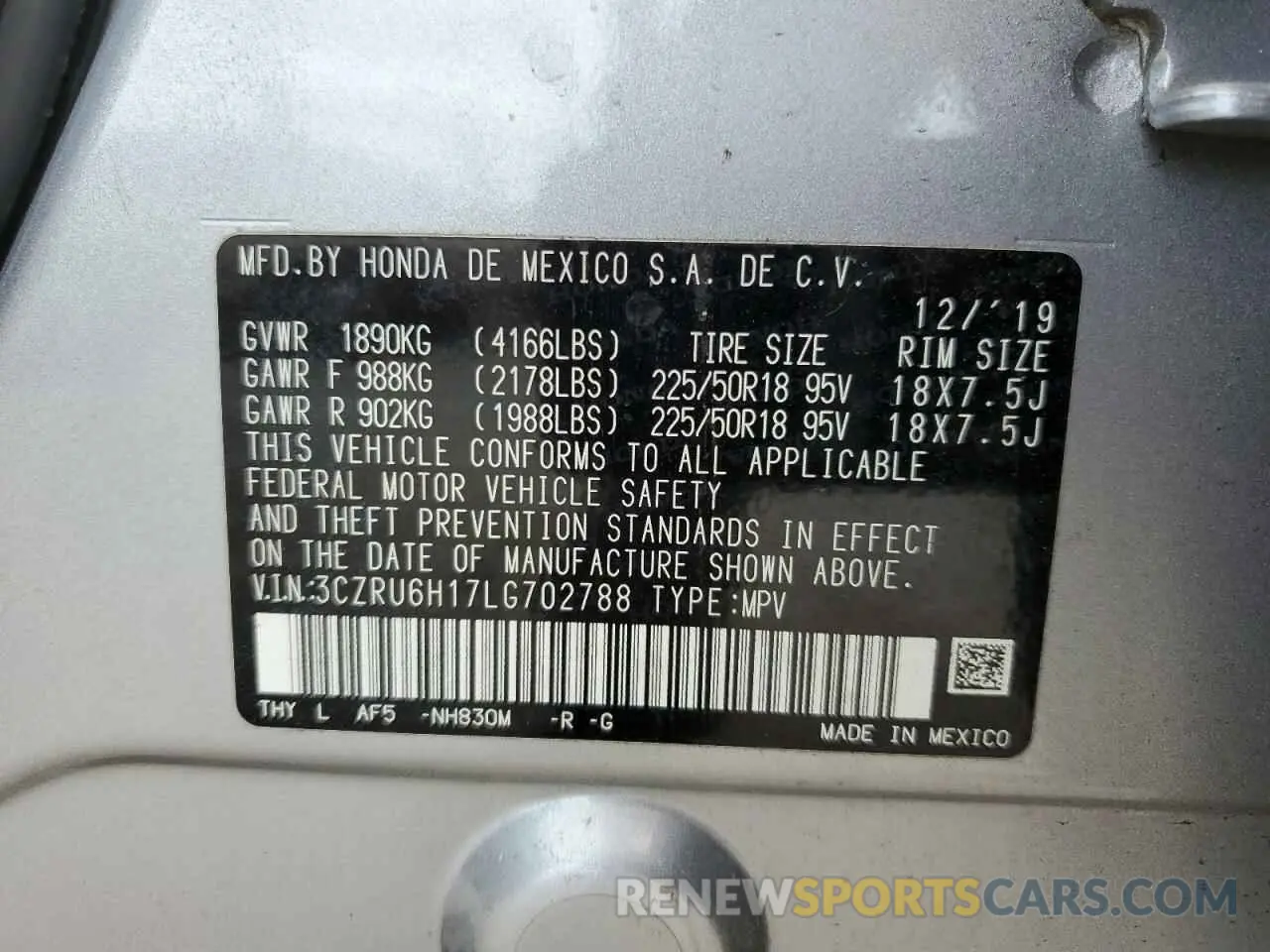 13 Photograph of a damaged car 3CZRU6H17LG702788 HONDA HR-V 2020