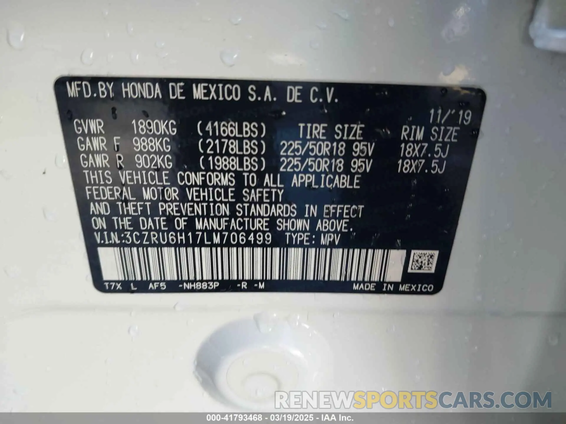 9 Photograph of a damaged car 3CZRU6H17LM706499 HONDA HR-V 2020