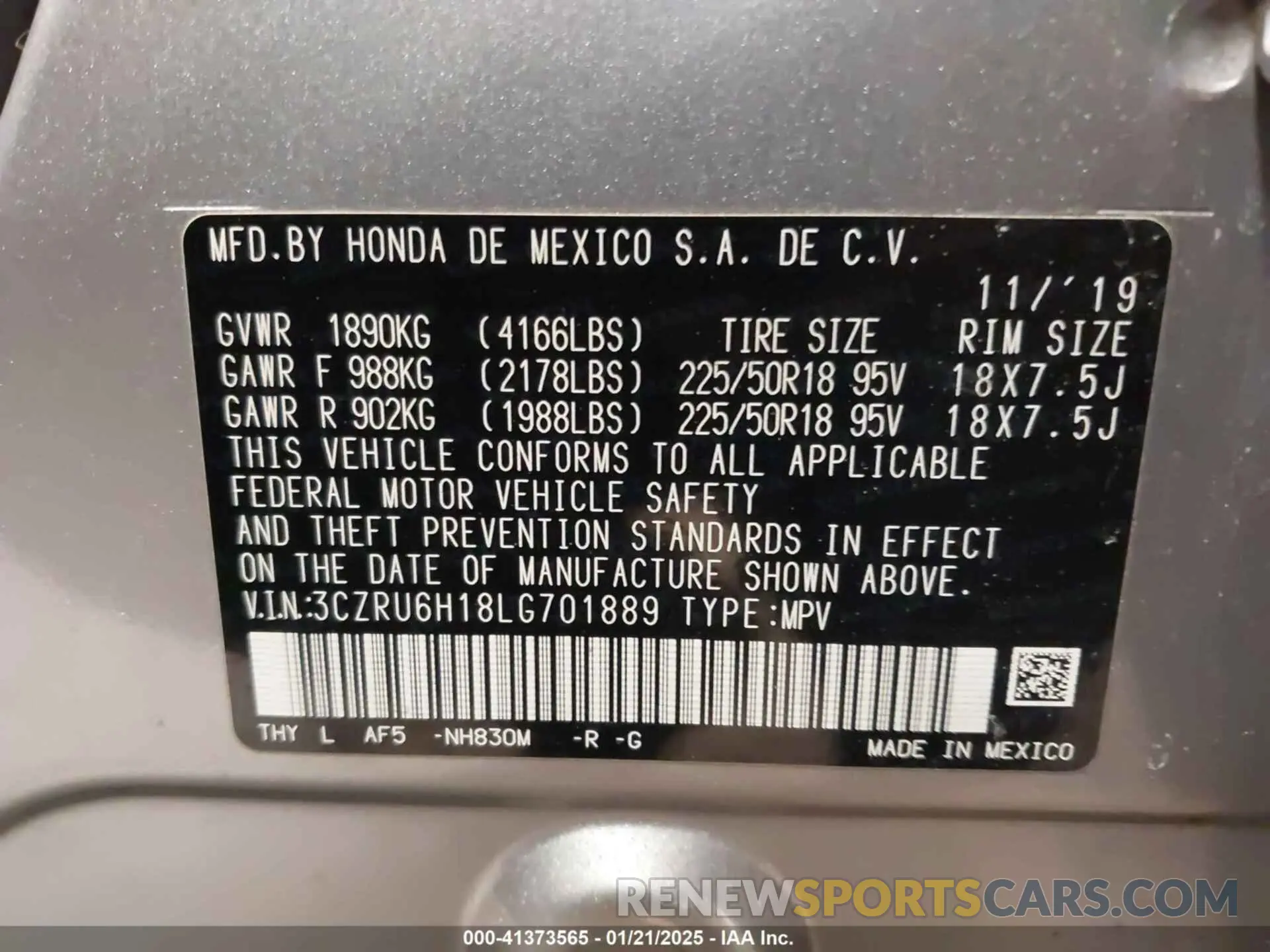 9 Photograph of a damaged car 3CZRU6H18LG701889 HONDA HR-V 2020