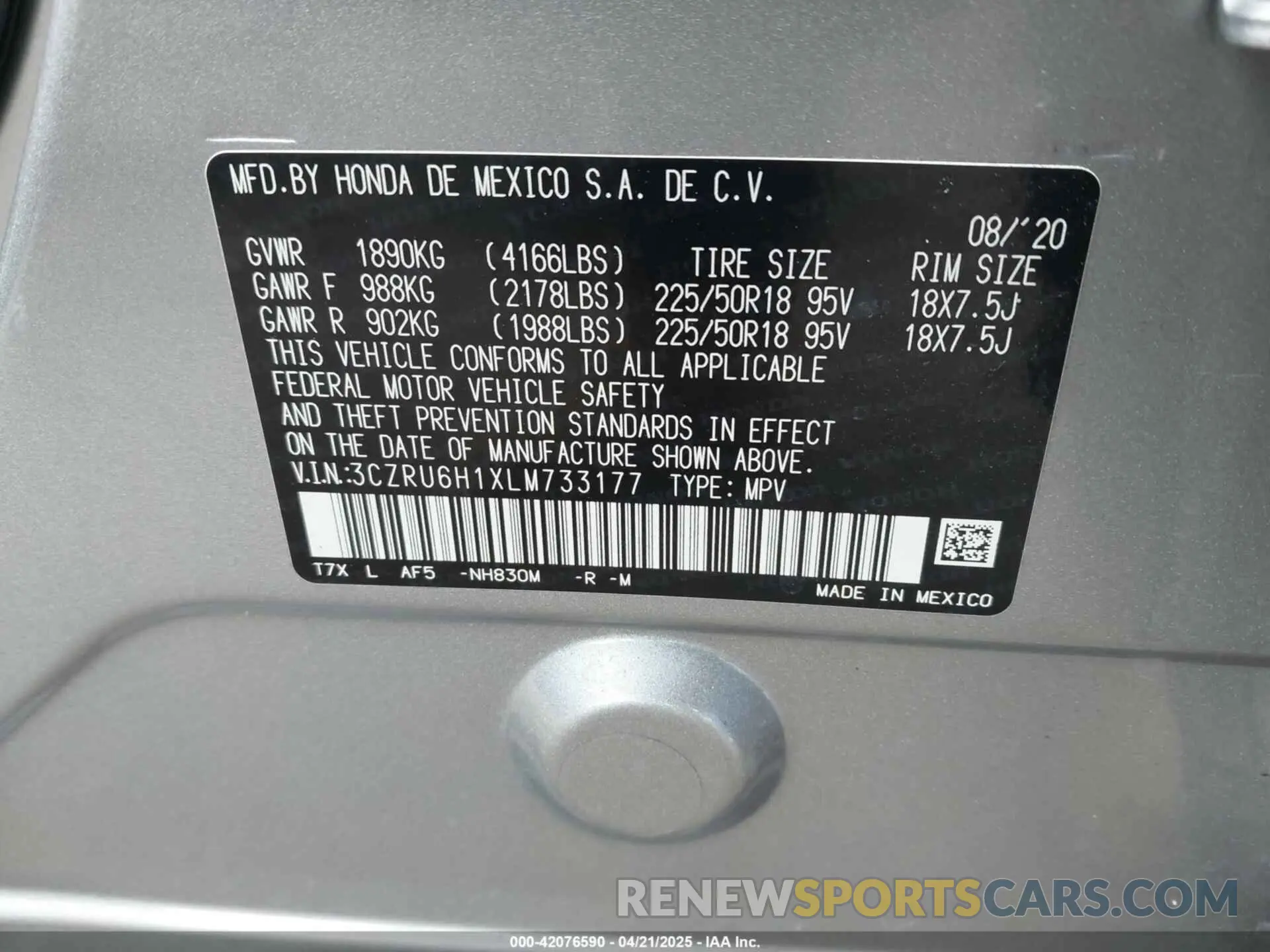 9 Photograph of a damaged car 3CZRU6H1XLM733177 HONDA HR-V 2020