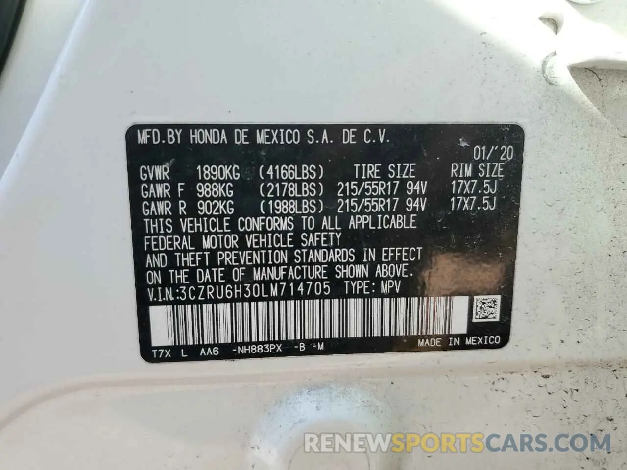 13 Photograph of a damaged car 3CZRU6H30LM714705 HONDA HR-V 2020