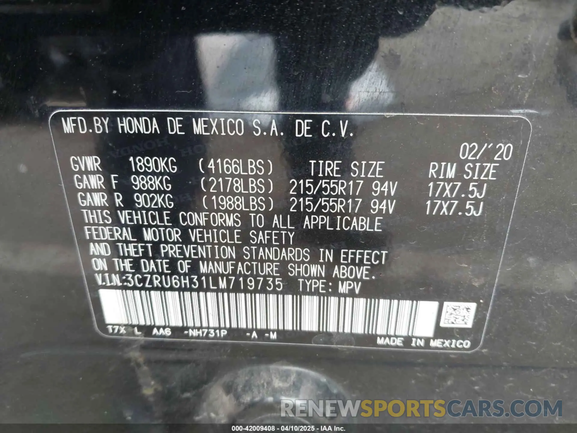 9 Photograph of a damaged car 3CZRU6H31LM719735 HONDA HR-V 2020