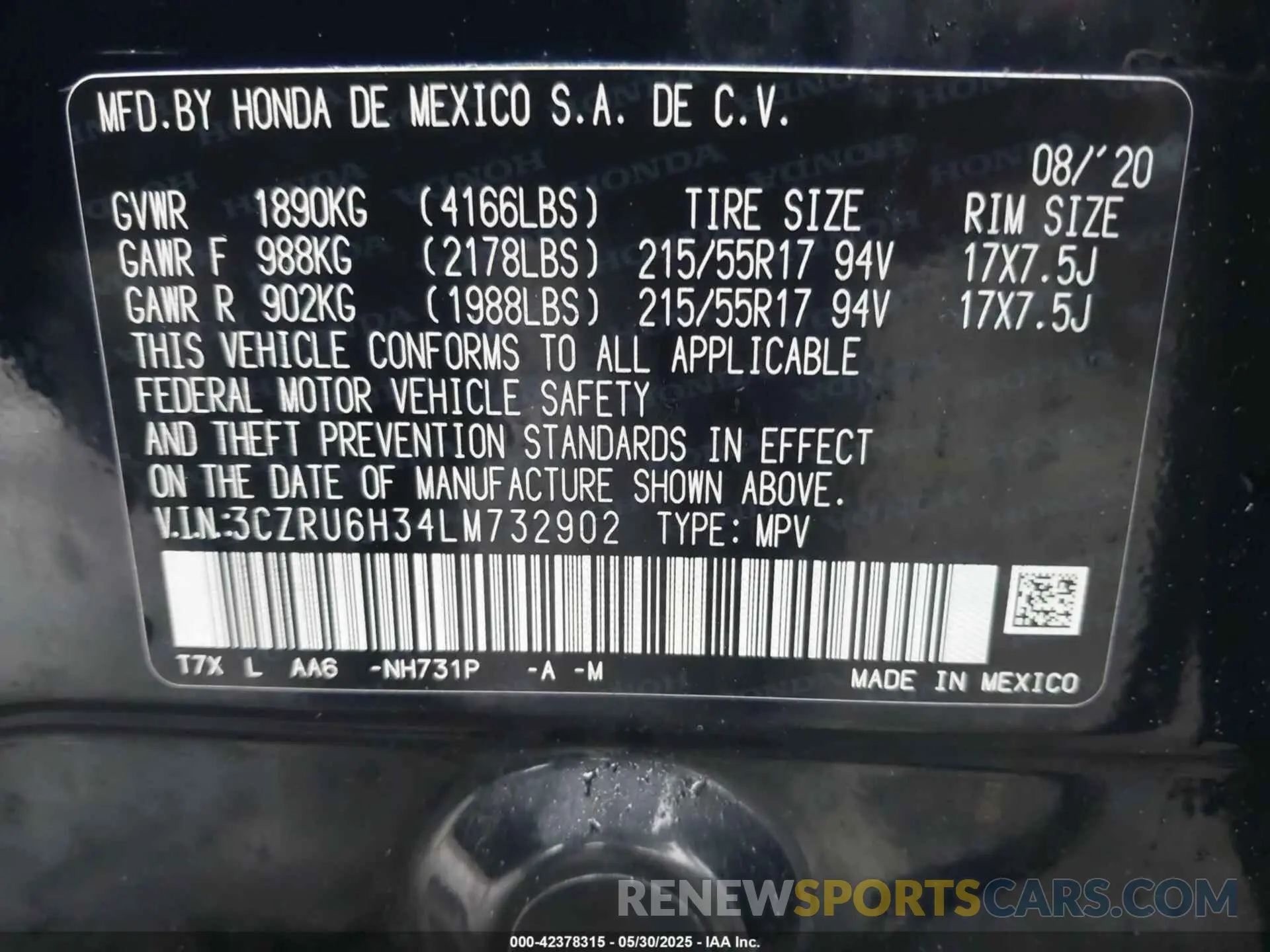 9 Photograph of a damaged car 3CZRU6H34LM732902 HONDA HR-V 2020