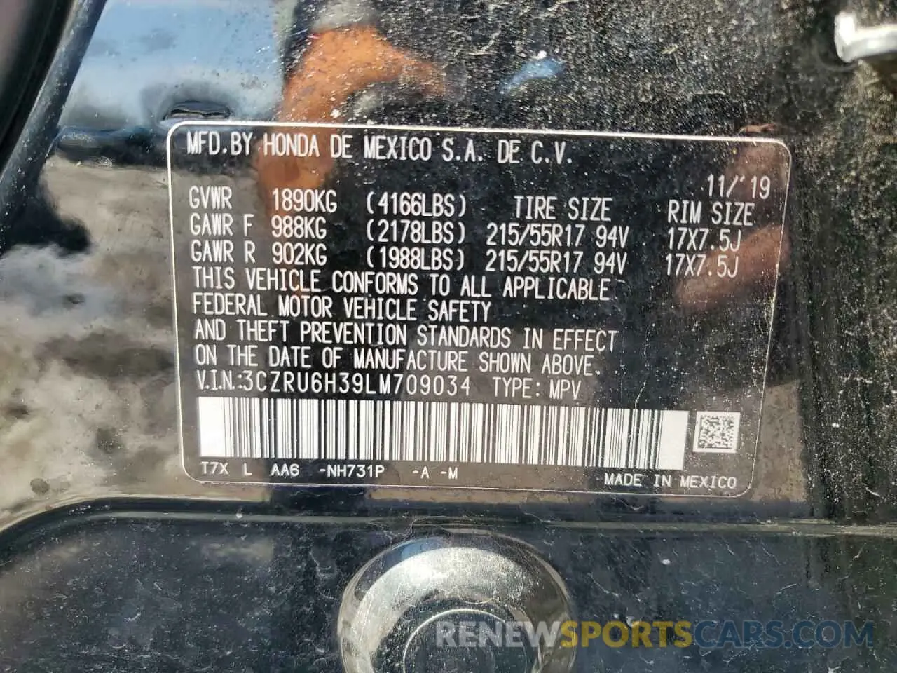 16 Photograph of a damaged car 3CZRU6H39LM709034 HONDA HR-V 2020
