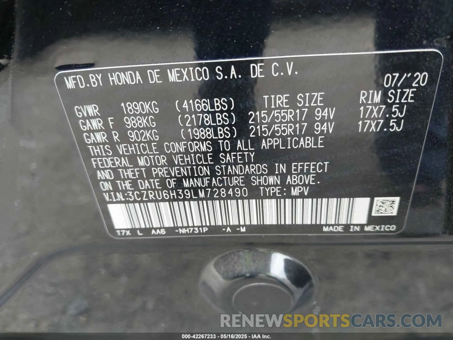 9 Photograph of a damaged car 3CZRU6H39LM728490 HONDA HR-V 2020