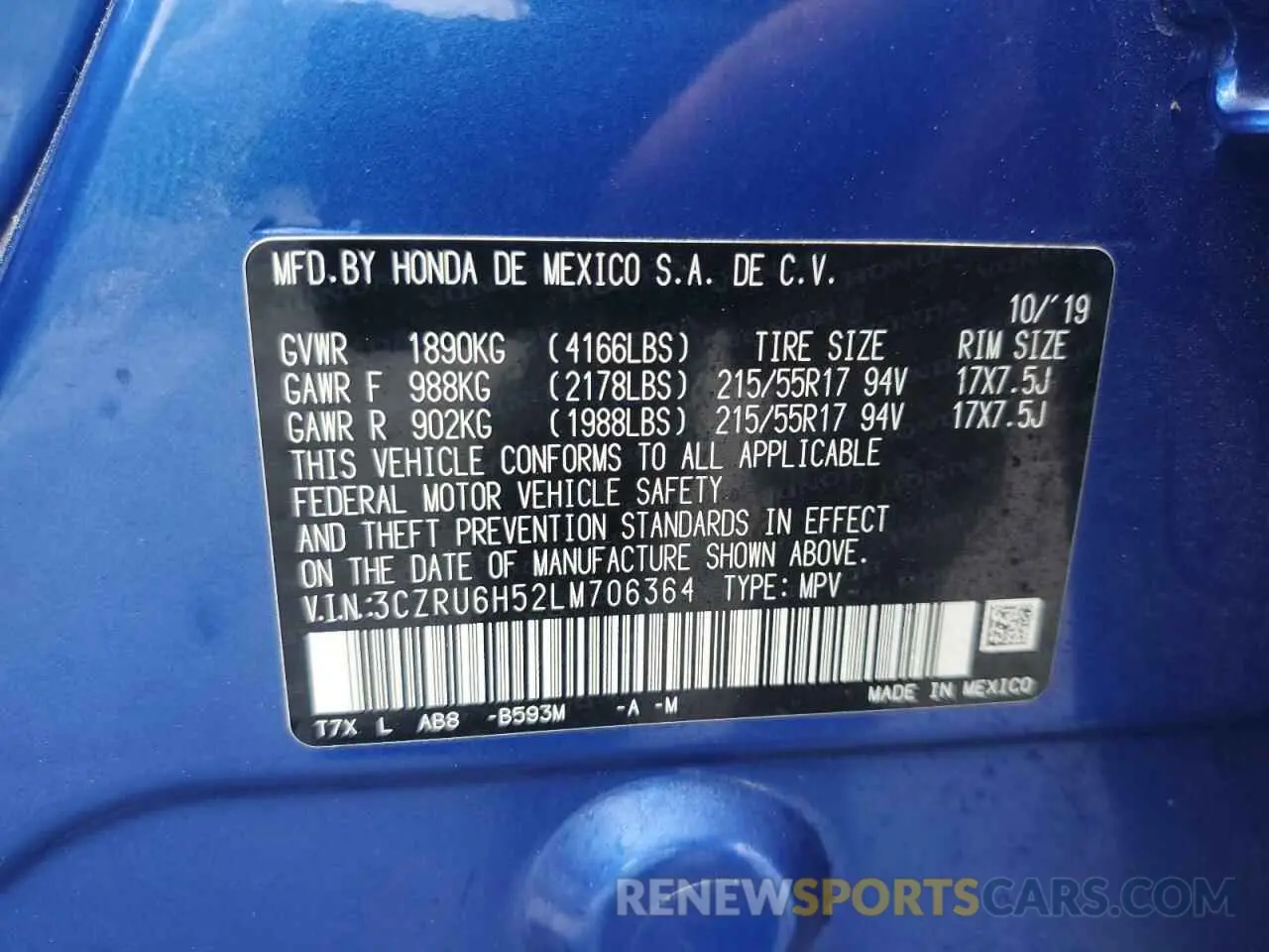 14 Photograph of a damaged car 3CZRU6H52LM706364 HONDA HR-V 2020