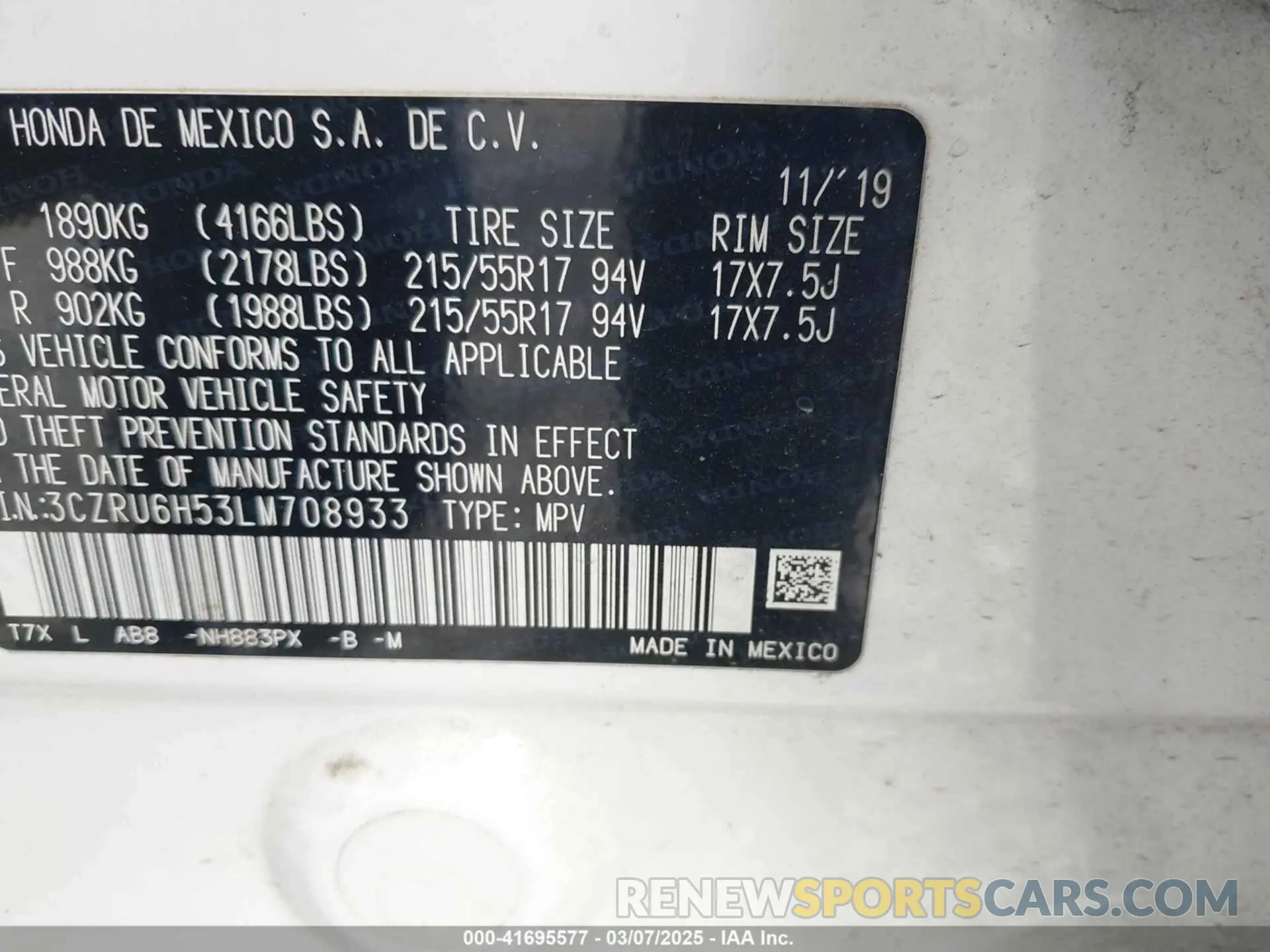 9 Photograph of a damaged car 3CZRU6H53LM708933 HONDA HR-V 2020