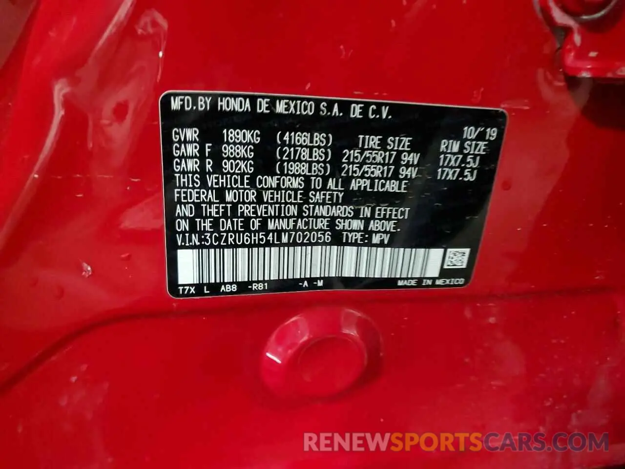 14 Photograph of a damaged car 3CZRU6H54LM702056 HONDA HR-V 2020