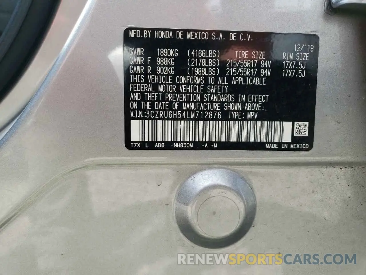 12 Photograph of a damaged car 3CZRU6H54LM712876 HONDA HR-V 2020