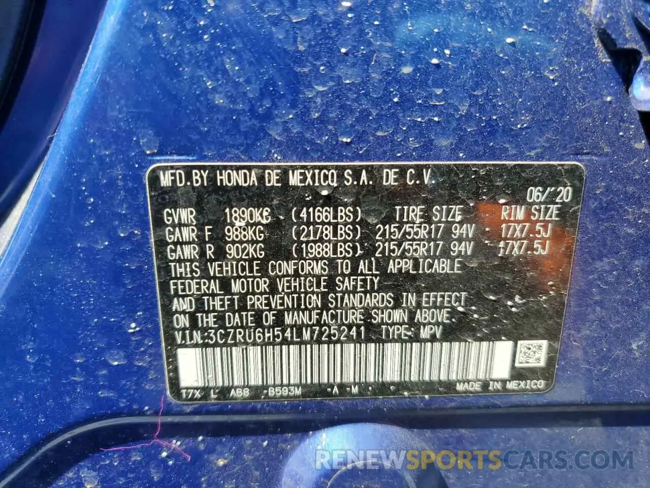 13 Photograph of a damaged car 3CZRU6H54LM725241 HONDA HR-V 2020